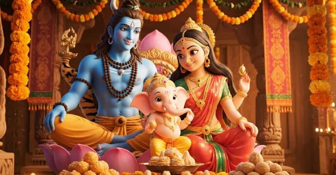 Lord Shiva and Goddess Parvati with Baby Ganesha &ndash; Divine Hindu Family Art