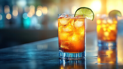 Two iced cocktails on a bar top, lit by warm light