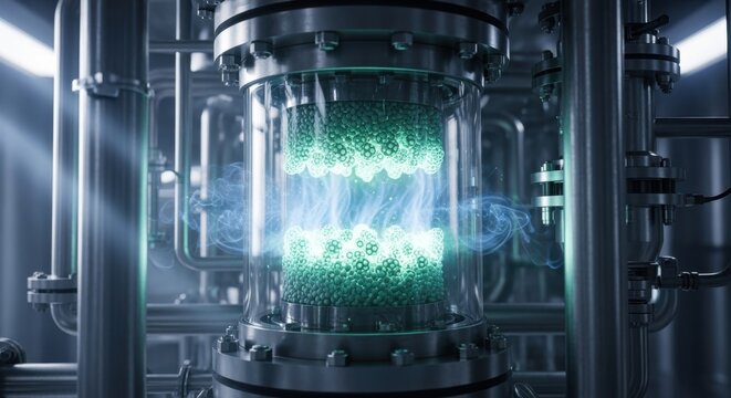 Highresolution image of catalysts inside carbonneutral ammonia synthesis reactor skid illustrating clean chemical reactions with low environmental impact.