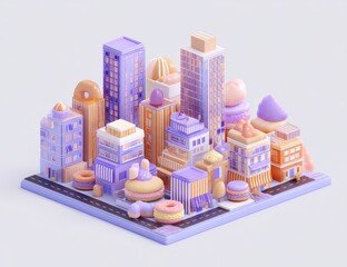 Pastel-colored city skyline with dessert-themed buildings