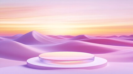 A serene and tranquil landscape painted in shades of pink and purple during sunset, showcasing an abstract platform