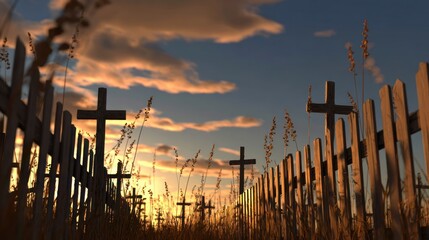 Sunset over a cemetery. Wooden crosses and fence