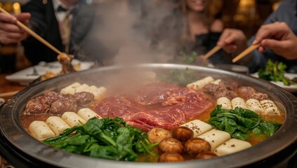 Bubbling hot pot with friends sharing flavors in lively restaurant setting