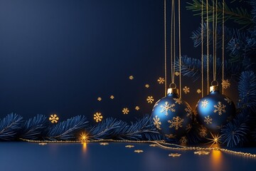 Dark Blue Christmas Background with Golden Snowflakes, Hanging Baubles and Festive Lights Decoration AI-Generated