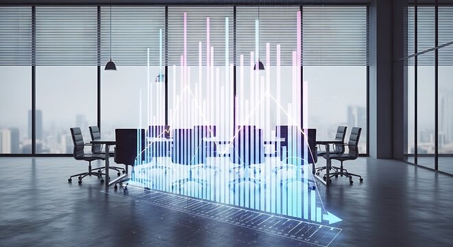 Modern conference room with digital data overlay futuristic business technology concept