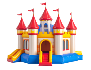 Joyful Castle of Fun: A colorful, inflatable castle, a beacon of joy for children, ready to bounce with laughter and play, with vibrant colors of red, yellow and blue.