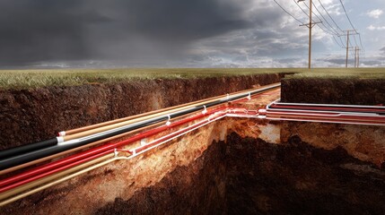 Underground utility lines crisscrossing in a trench