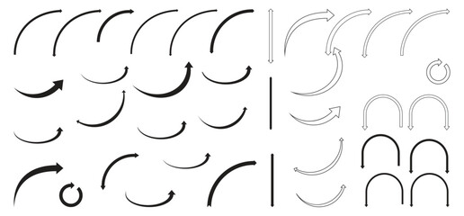 Collection of curved arrows and abstract arc shapes in vector style. Perfect for infographics, presentations, flowcharts, navigation guides, and modern graphic design projects