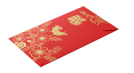 Traditional chinese red envelope with ornate gold floral pattern for lunar new year celebrations transparent background PNG, Realistic