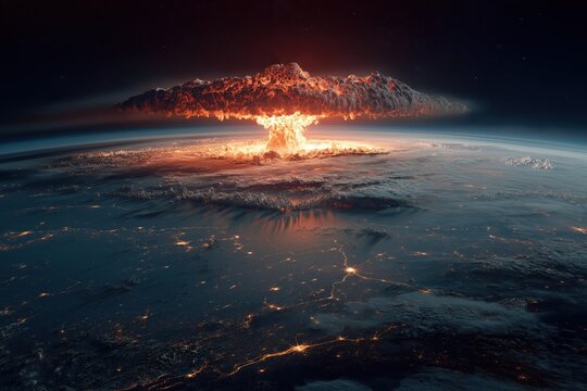 Towering nuclear explosion on Earth viewed from silent expanse of space