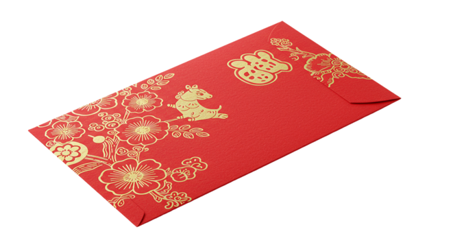 Traditional chinese red envelope with ornate gold floral pattern for lunar new year celebrations transparent background PNG, Realistic
