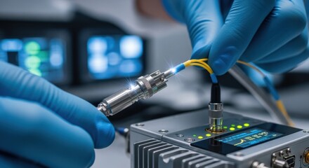 Optical fiber cable being meticulously connected to a laser transmitter unit for longdistance space communication highlighting precision polishes.