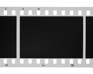 An empty vintage photographic negative film frame with numbered markings and perforations isolated. Transparent PNG image.