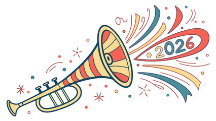 Celebratory trumpet blast announcing the arrival of the year 2026 with festive streamers