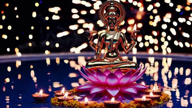 Golden goddess Lakshmi sits on a pink lotus while warm festival lights sparkle in soft bokeh &mdash; seamless looping 4K Diwali celebration vignette.