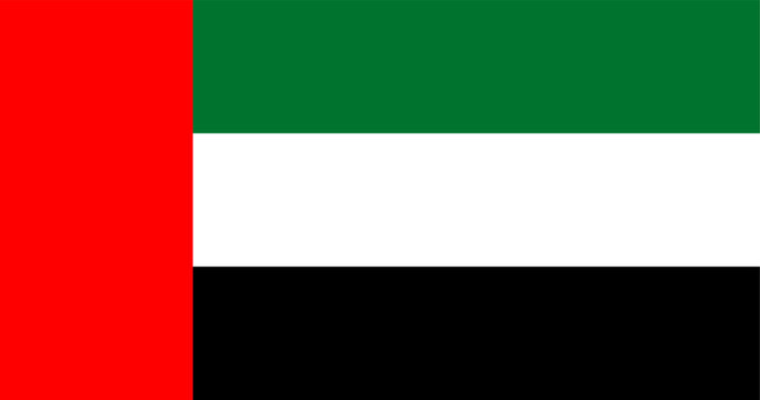 Vector graphic of the United Arab Emirates (UAE) flag. Comprised of a red vertical section and green white and black horizontal elements. These are the Pan Arab colours.