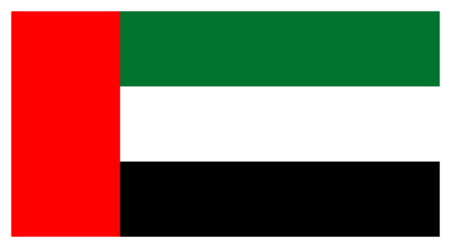 Transparent PNG file of vector graphic of the United Arab Emirates (UAE) flag. Comprised of a red vertical section and green white and black horizontal elements. These are the Pan Arab colours.