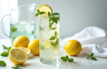 Fototapeta premium Refreshing iced lemon mint water drink presented in tall glass with ice, lemon slices, fresh mint leaves. Whole lemons, pitcher of beverage visible on clean kitchen counter, suggesting healthy,