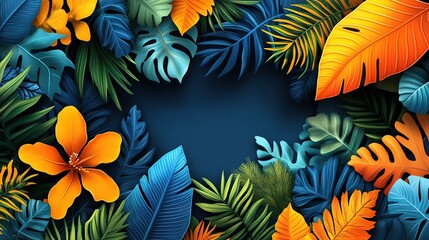 Vibrant tropical leaves frame a dark center
