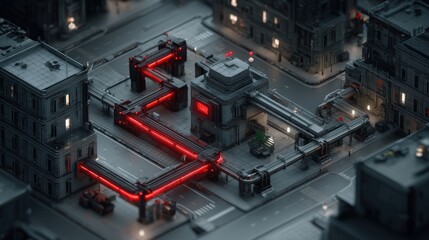 Urban futuristic grid with red transport lines