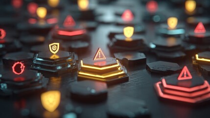 Abstract digital display of warning and security icons on a dark, geometric surface