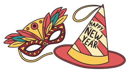 Festive new year s eve party hat and masquerade mask with colorful feather decoration