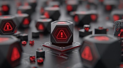 Black hexagonal boxes with red warning signs