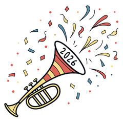 Festive trumpet blasts colorful confetti into the air celebrating the arrival of the year 2026