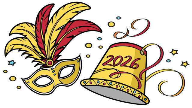 Festive new year 2026 celebration with a masquerade mask and party hat with confetti and stars