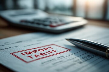 Import tariff document stamped in red on desk with pen nearby