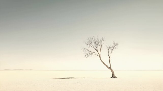 Drought, dry environment. A solitary, leafless tree stands in the middle of a vast expanse of salt flat, with a clear sky overhead. The scene is devoid of any human presence.