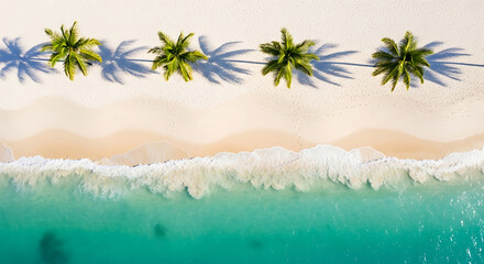 Aerial view of a tropical beach with palm trees and turquoise water