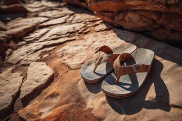 Flip-flops rest on sandstone path under sharp midday summer sun
