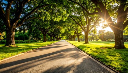 Obraz premium Sunny park road lined with trees