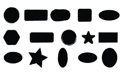 A collection of 15 black, textured, hand-drawn shapes including ovals, rectangles, and stars on a white background.