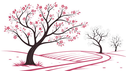 Fototapeta premium Stylized illustration of blooming cherry blossom trees in a picturesque landscape with a winding path