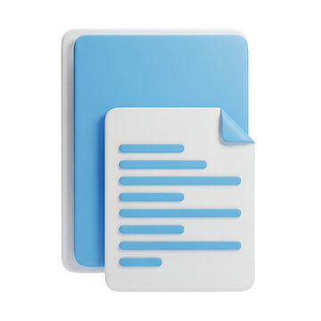 3D icon of a blue folder with a white document paper page. Isolated on transparent background, png