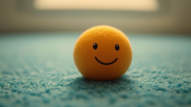 Fuzzy orange sphere with simple smiley face on blue shag rug, soft light