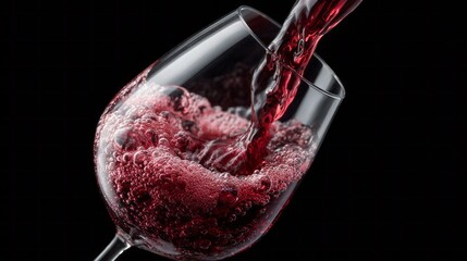 Pouring red wine into a glass with bubbles against a dark background during a celebration
