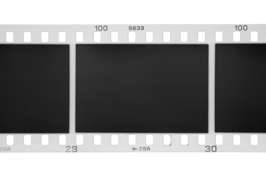 35mm photographic film with exposed frames isolated. Transparent PNG image.