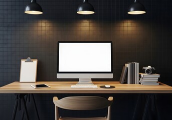 Modern Home Office Workspace with Blank Computer Screen Mockup