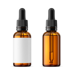 30ml amber glass dropper bottles with blank label isolated. 3D rendering illustration. Transparent PNG image.