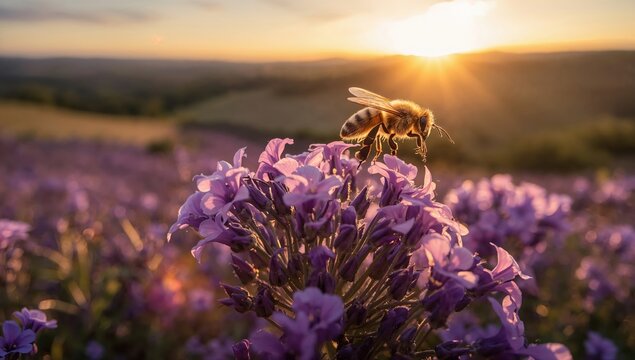 Golden sunset light highlights bee hovering gently above blooming lavender flowers