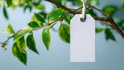 Blank tag hangs from branch with vibrant foliage
