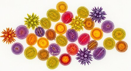 Colorful pollen grains exhibit diversity and complexity, perfect for science and educational resources