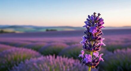 Obraz premium Close up of a purple lavender stalk with dew drops at sunrise in a field flower agriculture