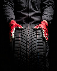 Mechanic holding a car tire with red gloves on a black background.