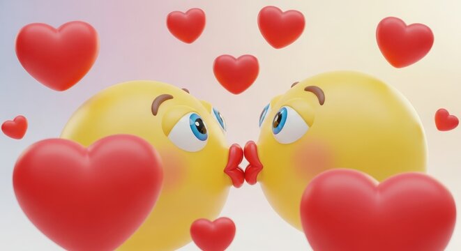 Adorable yellow characters sharing a sweet kiss surrounded by floating red hearts on a soft gradient background