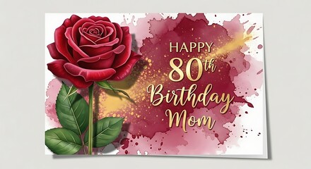 Elegant 80th birthday card for Mom featuring a red rose and burgundy watercolor splashes greeting