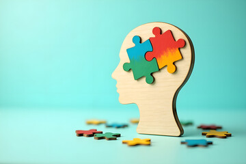 wooden head profile with puzzle pieces, psyche, mental health, human mind, neuroscience, psychology,brain